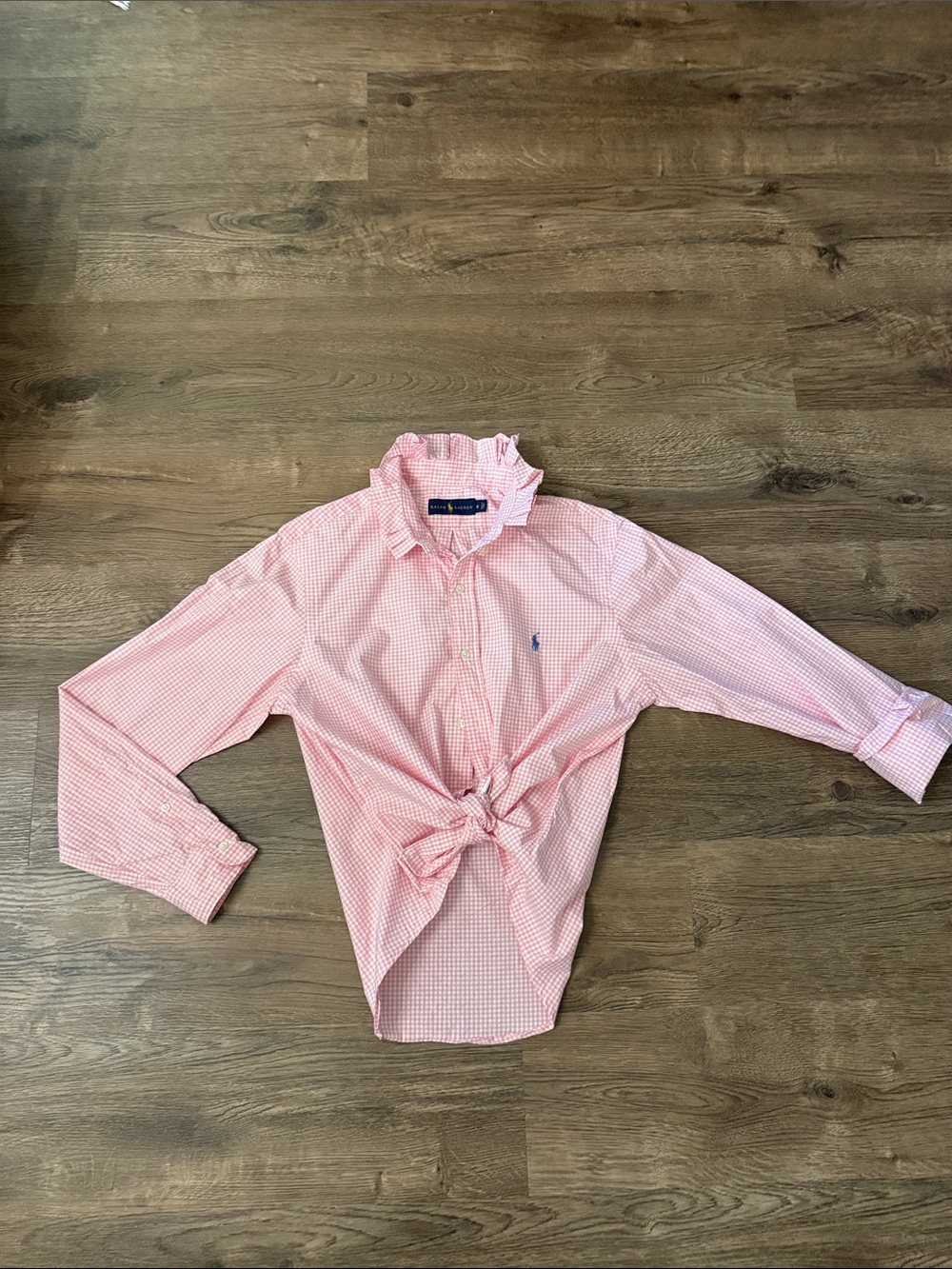 Upcycled Ralph Lauren ruffled Pink Gingham Tie-Front Button-Down Shirt Medium